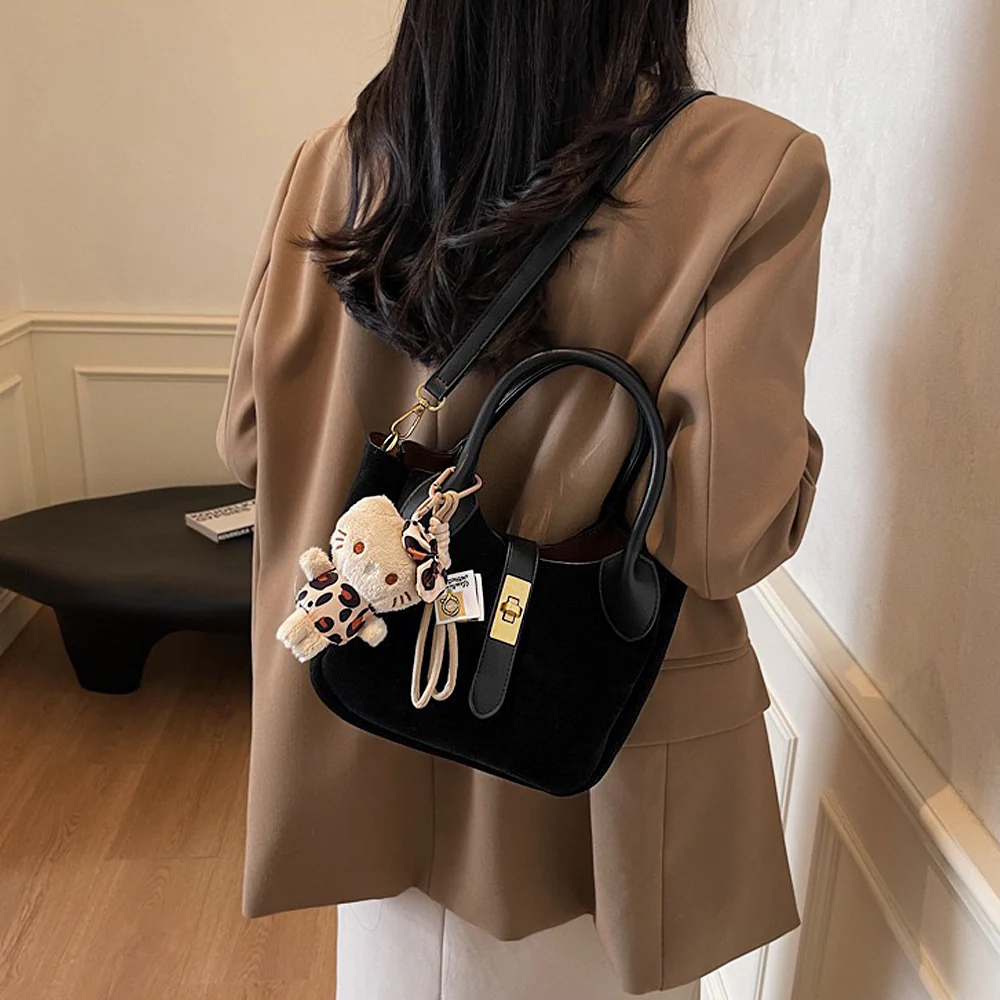 Nicole Crossbody Shoulder Tote Bag With Gold Buckle and Bag Charm in Tan Faux Suede - Image 12