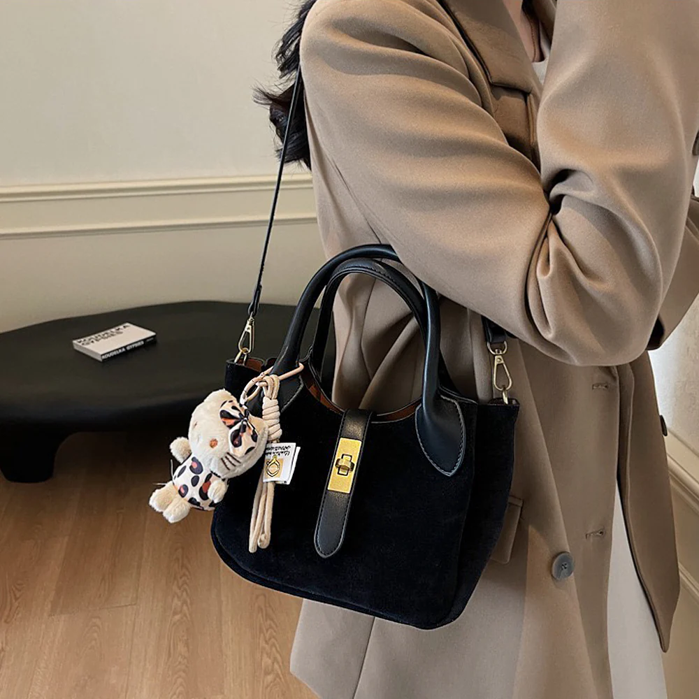 Nicole Crossbody Shoulder Tote Bag With Gold Buckle and Bag Charm in Tan Faux Suede - Image 13