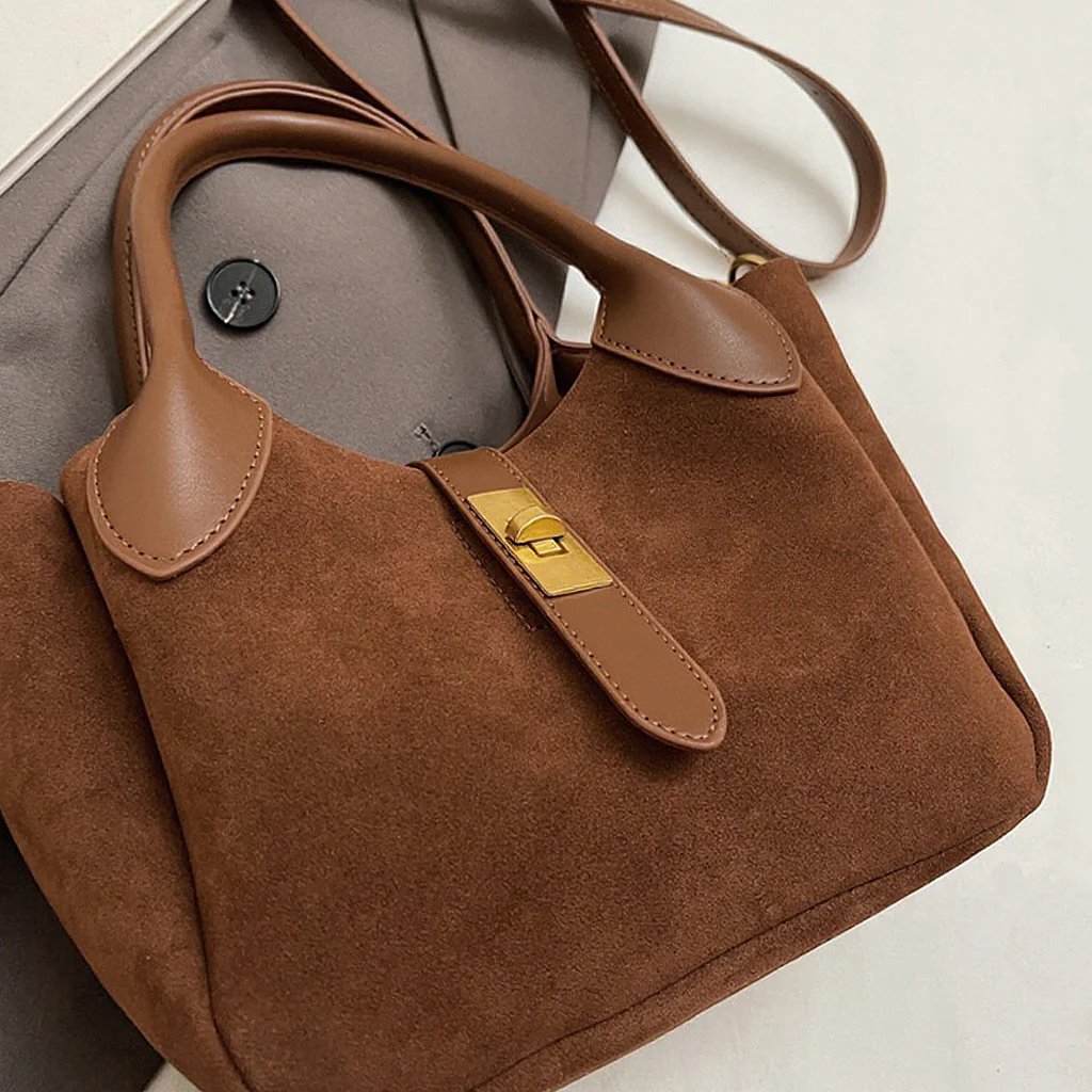 Nicole Crossbody Shoulder Tote Bag With Gold Buckle and Bag Charm in Tan Faux Suede - Image 3