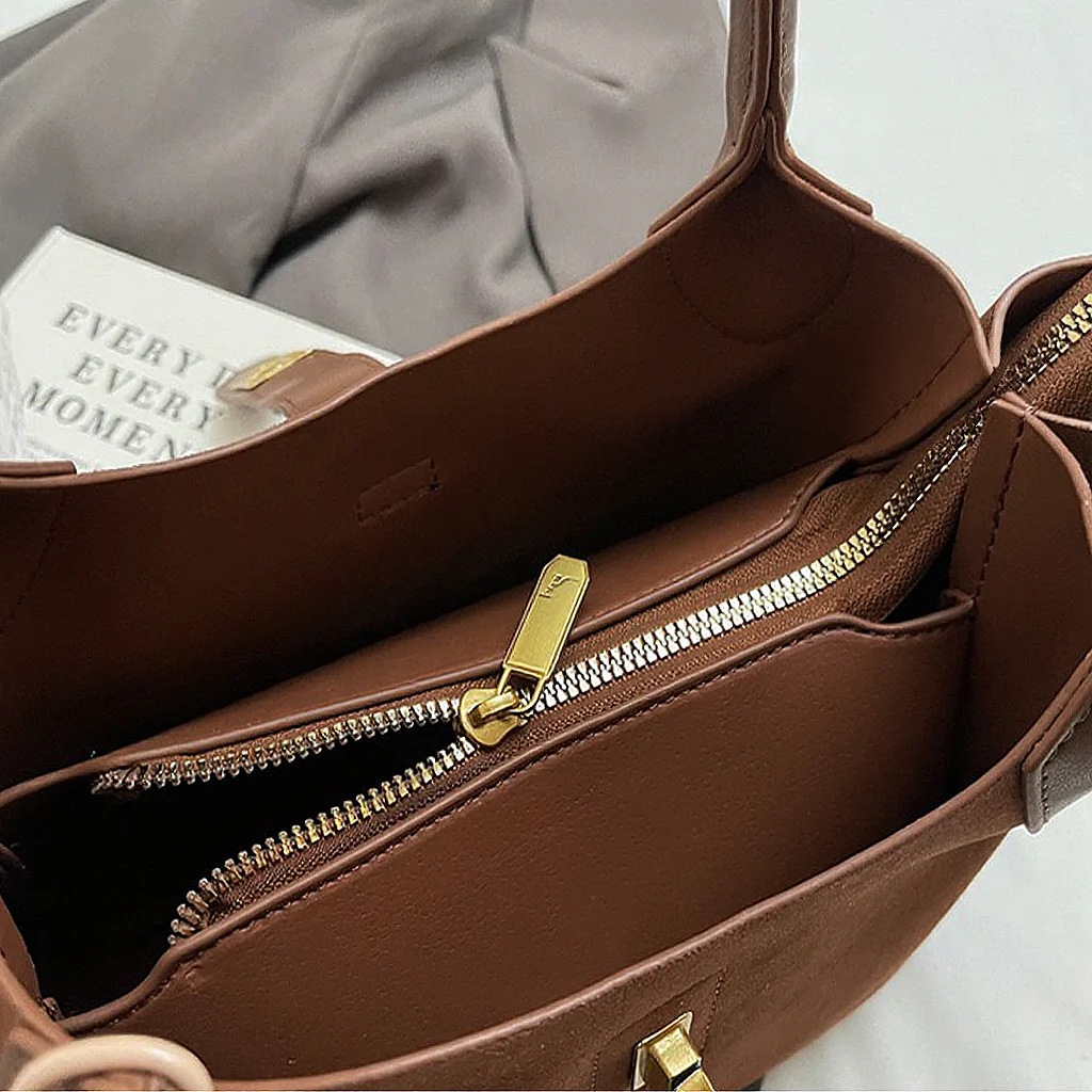 Nicole Crossbody Shoulder Tote Bag With Gold Buckle and Bag Charm in Tan Faux Suede - Image 4