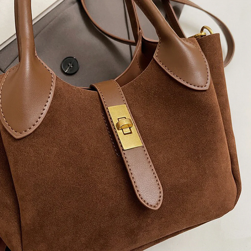 Nicole Crossbody Shoulder Tote Bag With Gold Buckle and Bag Charm in Tan Faux Suede - Image 5
