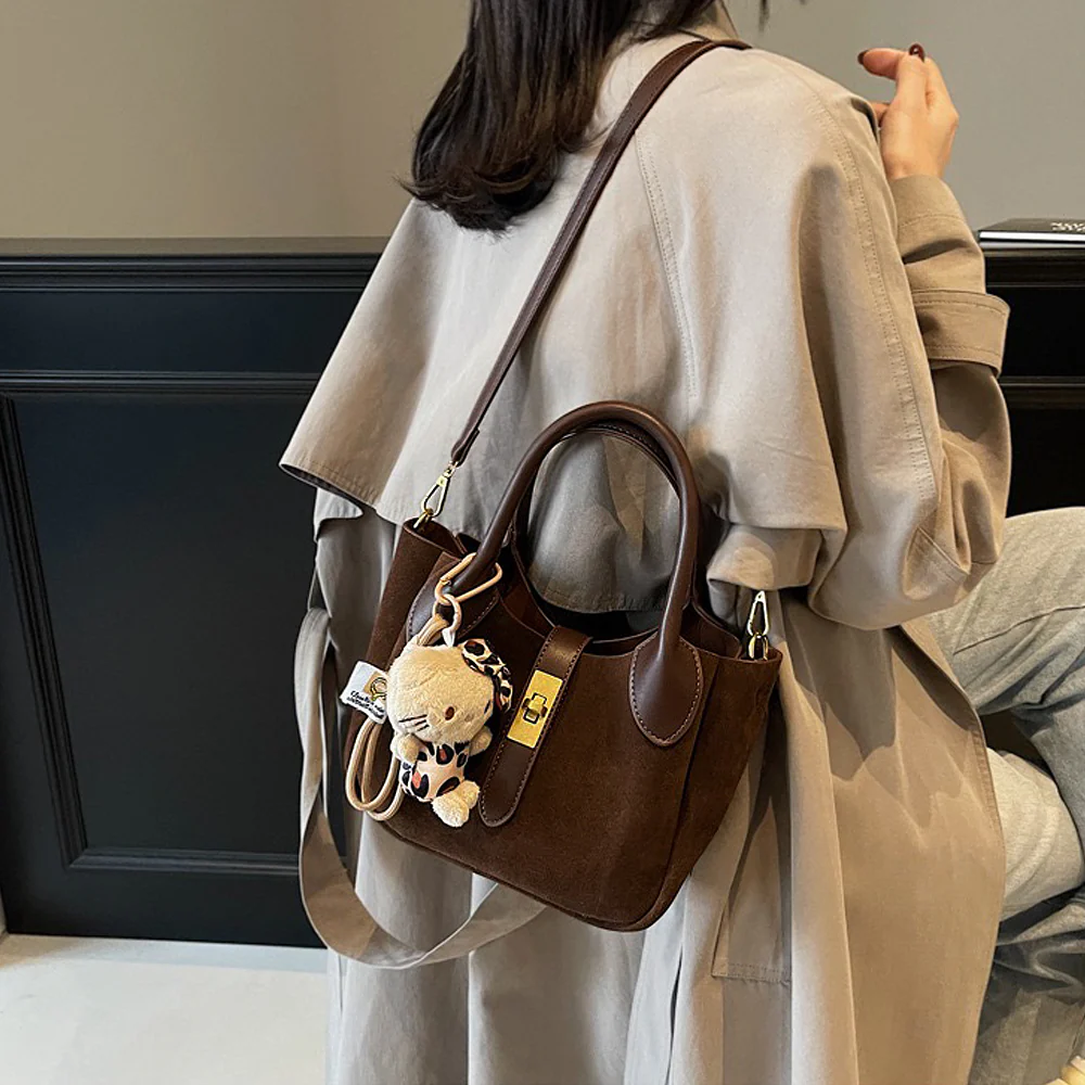 Nicole Crossbody Shoulder Tote Bag With Gold Buckle and Bag Charm in Tan Faux Suede - Image 6