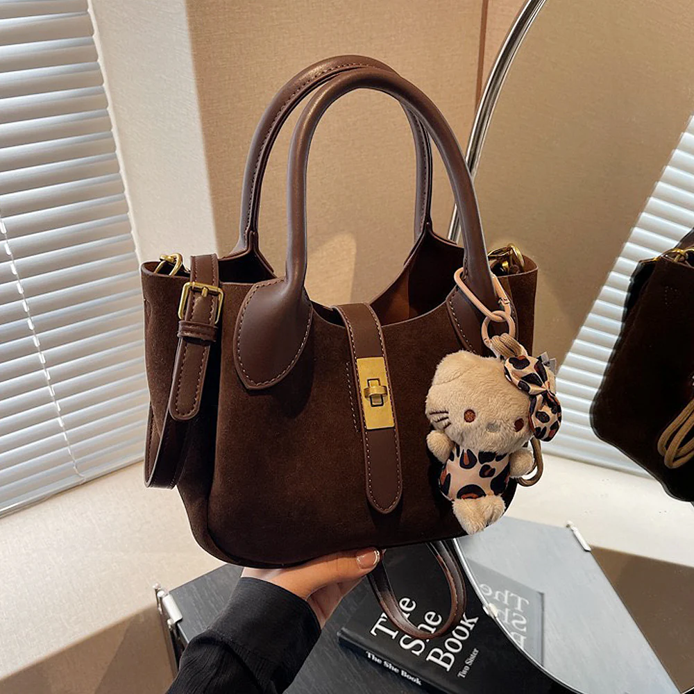 Nicole Crossbody Shoulder Tote Bag With Gold Buckle and Bag Charm in Tan Faux Suede - Image 8