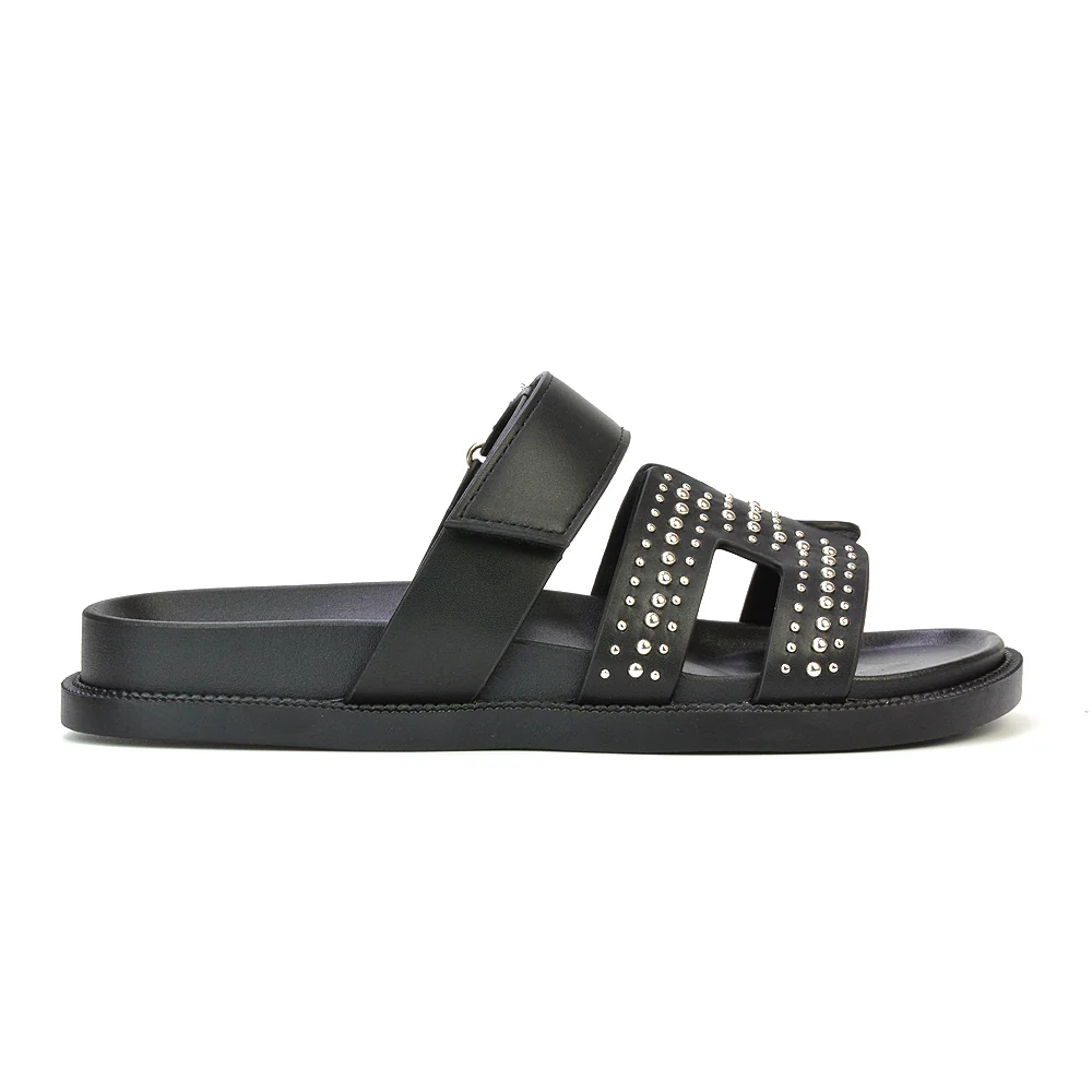 Nicole Diamante Cut Out Adjustable Strappy Flat Sandals Sliders in Black - Image 3