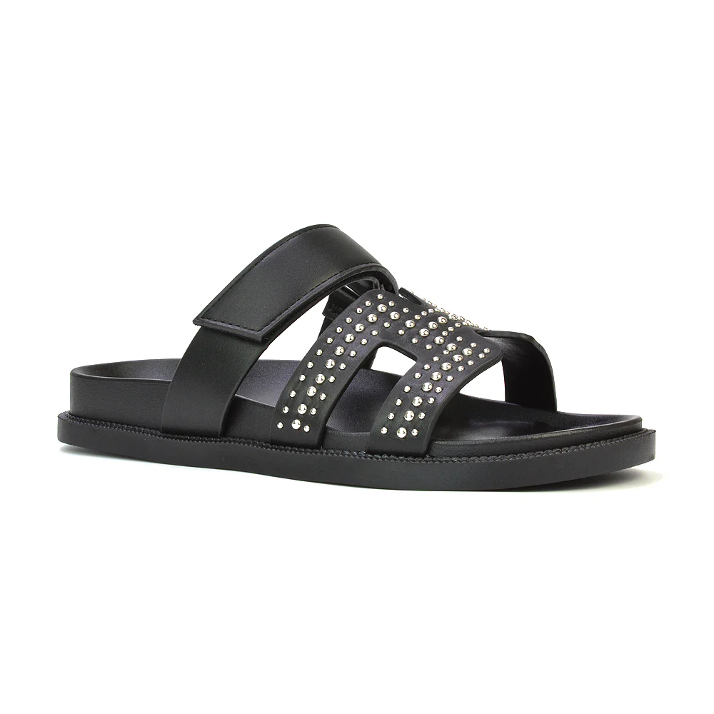 Nicole Diamante Cut Out Adjustable Strappy Flat Sandals Sliders in Black - Image 32