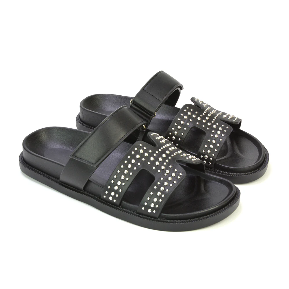 Nicole Diamante Cut Out Adjustable Strappy Flat Sandals Sliders in Black - Image 5