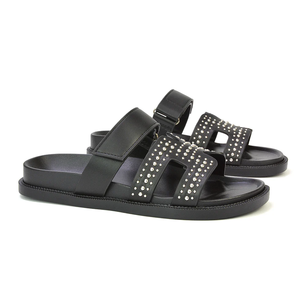 Nicole Diamante Cut Out Adjustable Strappy Flat Sandals Sliders in Black - Image 6
