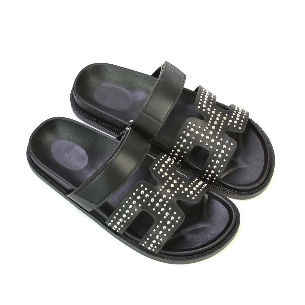 Nicole Diamante Cut Out Adjustable Strappy Flat Sandals Sliders in Black - Image 9