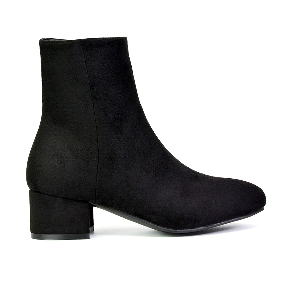 Nolan Winter Mid Block High Heel Ankle Boots With Inside Zip in Black Faux Suede - Image 2