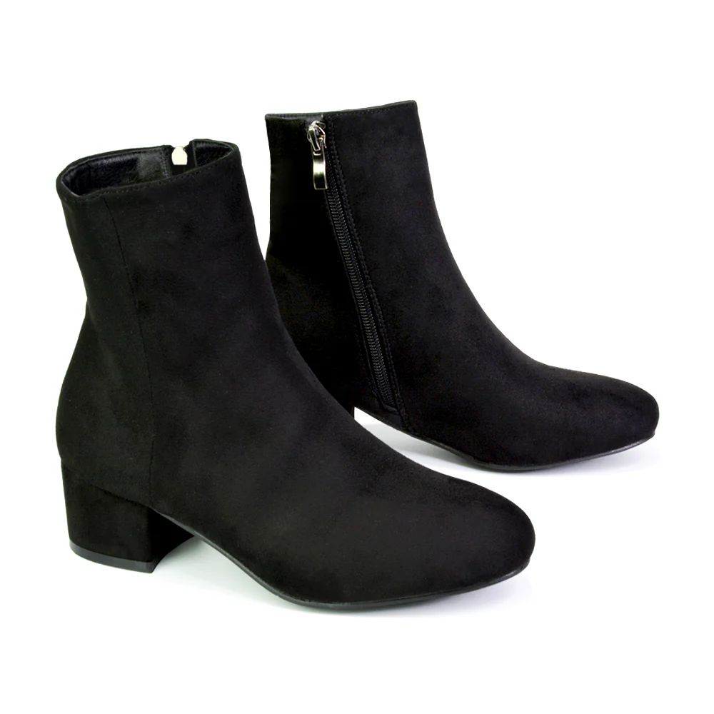 Nolan Winter Mid Block High Heel Ankle Boots With Inside Zip in Black Faux Suede - Image 53
