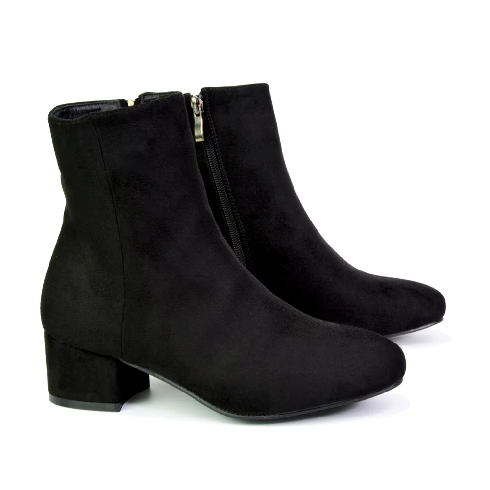 Nolan Winter Mid Block High Heel Ankle Boots With Inside Zip in Black Faux Suede - Image 59