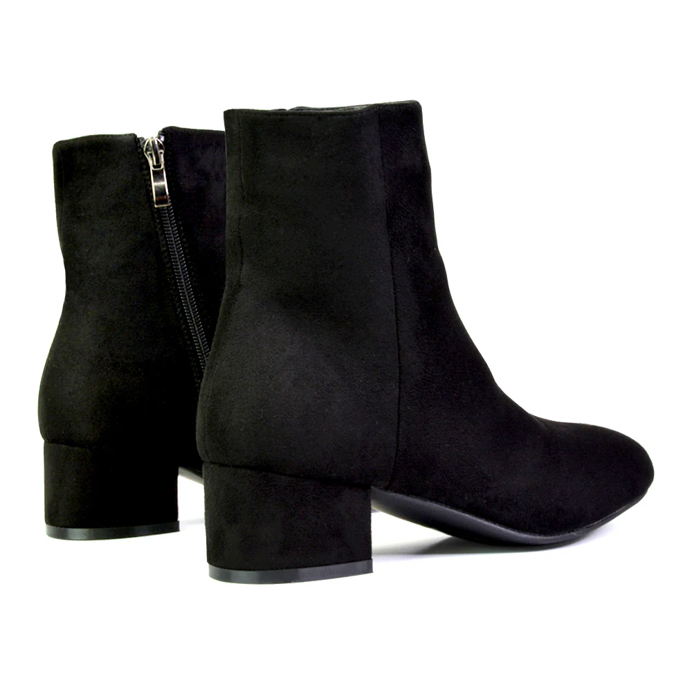 Nolan Winter Mid Block High Heel Ankle Boots With Inside Zip in Black Faux Suede - Image 76