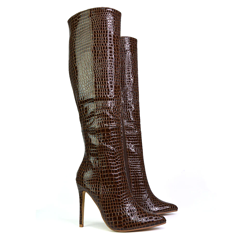 Nora Pointed Toe Zip Fastening Knee High Stiletto Heel Long Boots in Black Faux Suede - Image 111
