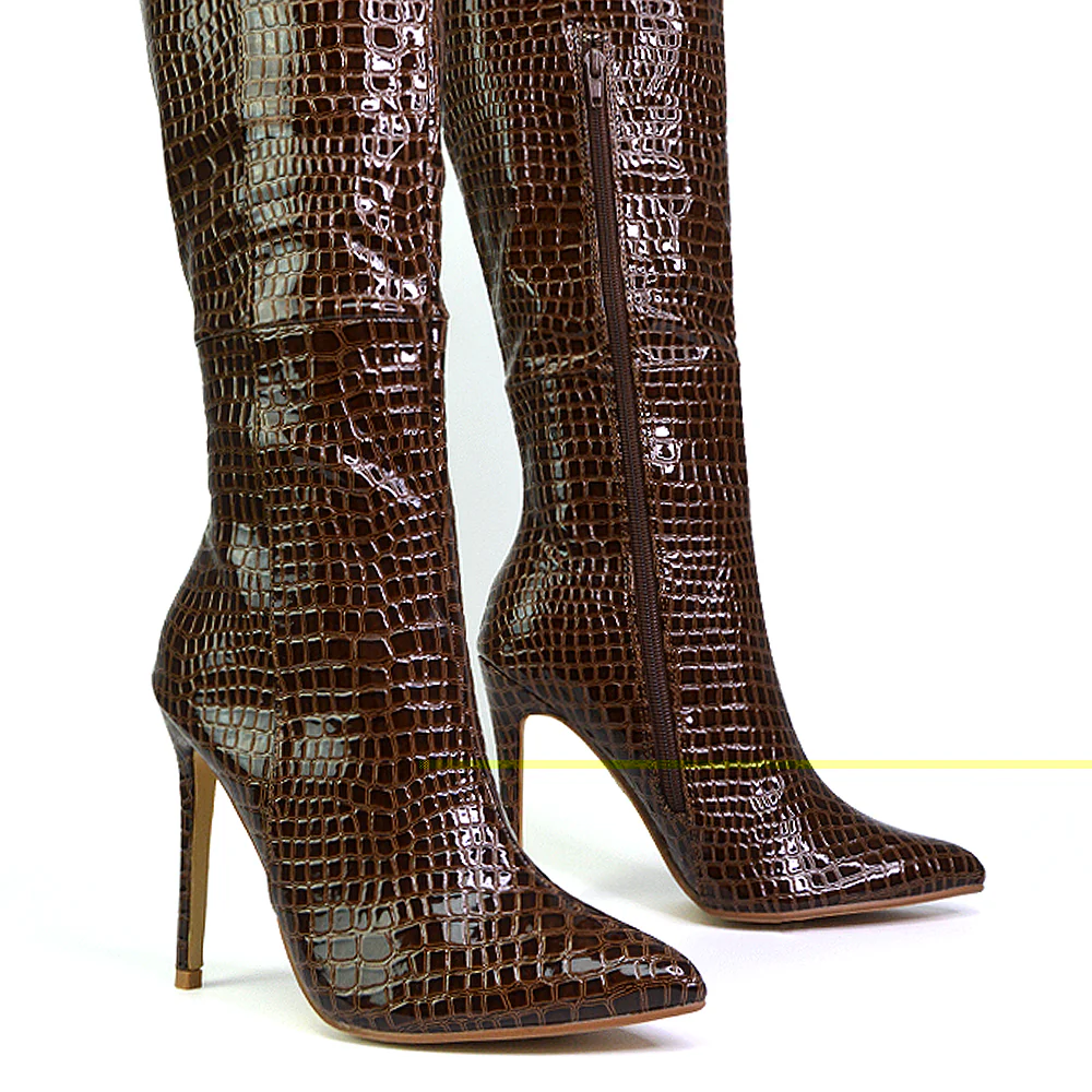 Nora Pointed Toe Zip Fastening Knee High Stiletto Heel Long Boots in Black Faux Suede - Image 114