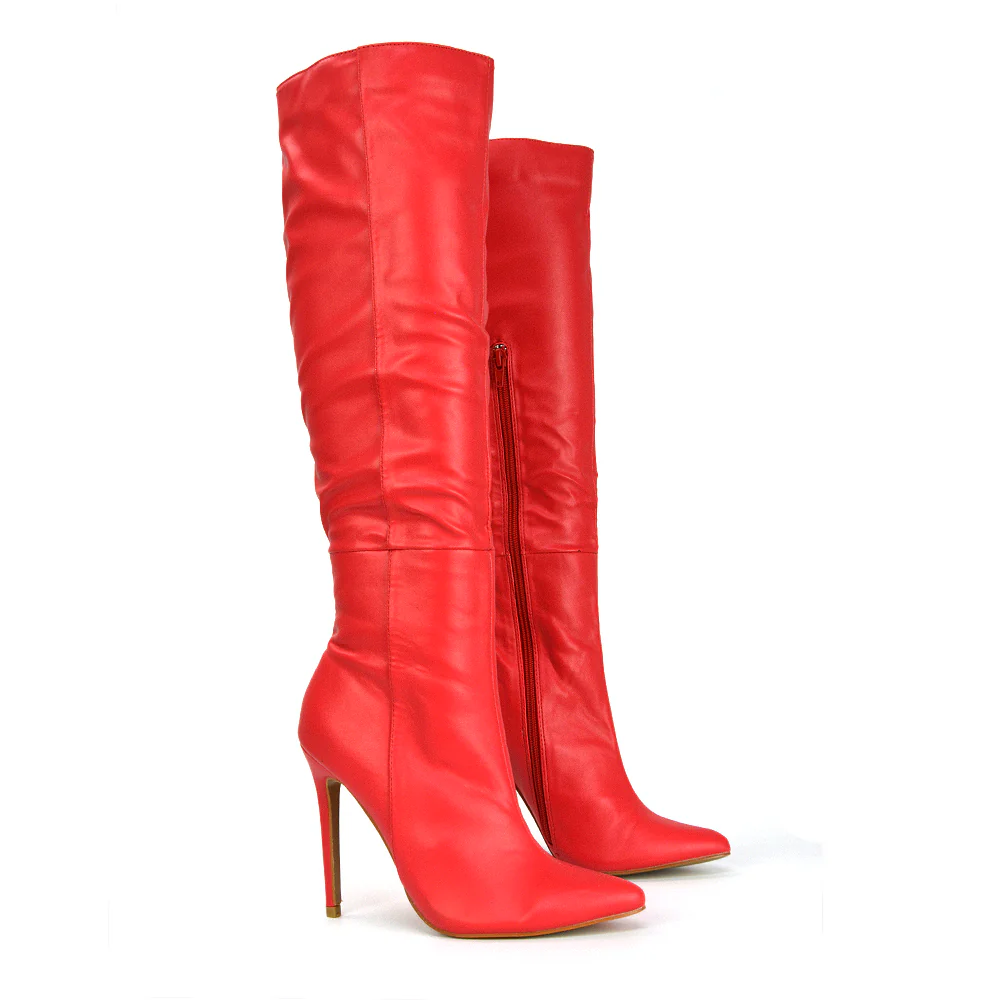 Nora Pointed Toe Zip Fastening Knee High Stiletto Heel Long Boots in Black Faux Suede - Image 14