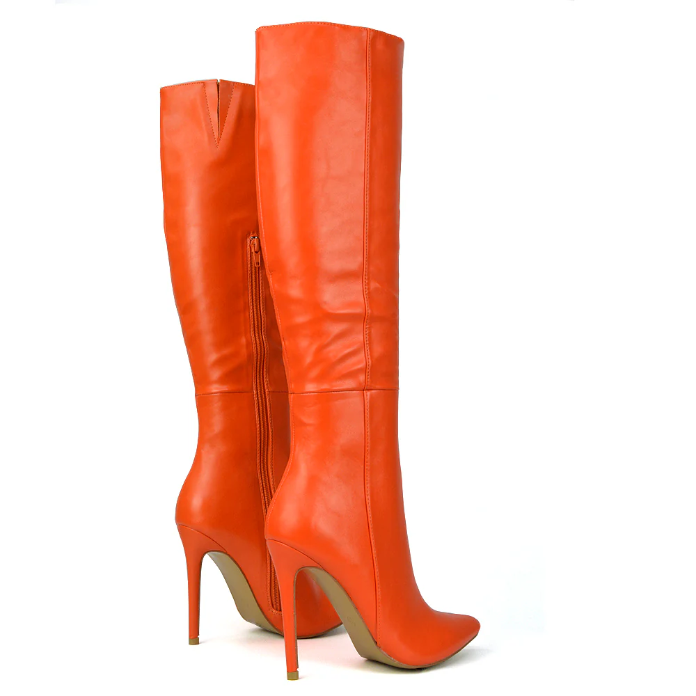 Nora Pointed Toe Zip Fastening Knee High Stiletto Heel Long Boots in Black Faux Suede - Image 141