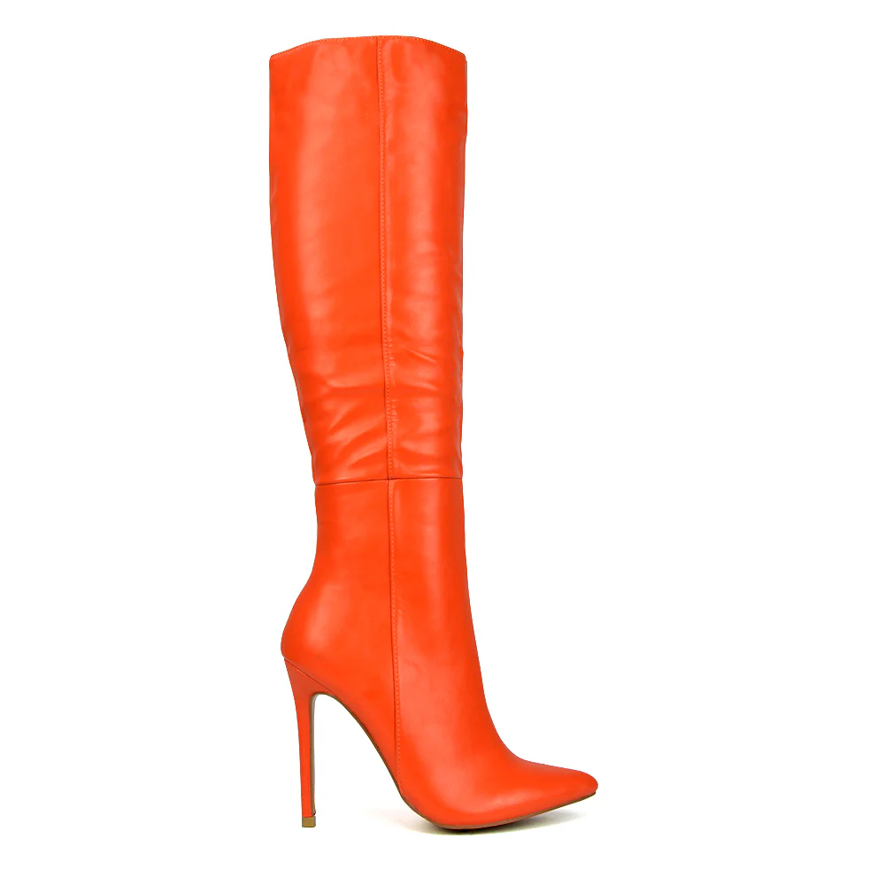 Nora Pointed Toe Zip Fastening Knee High Stiletto Heel Long Boots in Black Faux Suede - Image 147