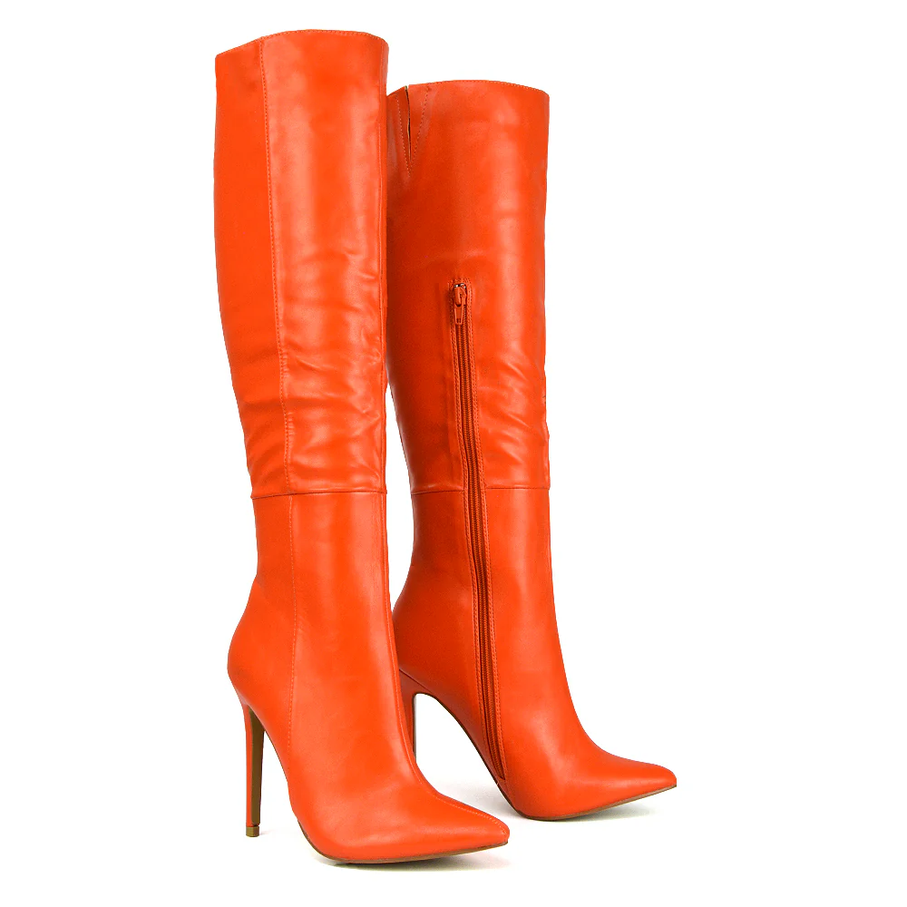Nora Pointed Toe Zip Fastening Knee High Stiletto Heel Long Boots in Black Faux Suede - Image 150