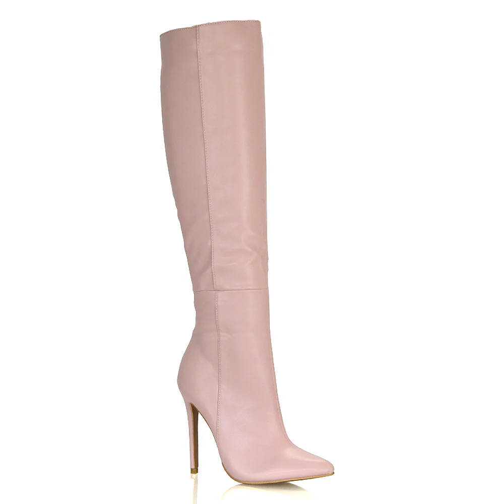 Nora Pointed Toe Zip Fastening Knee High Stiletto Heel Long Boots in Black Faux Suede - Image 167