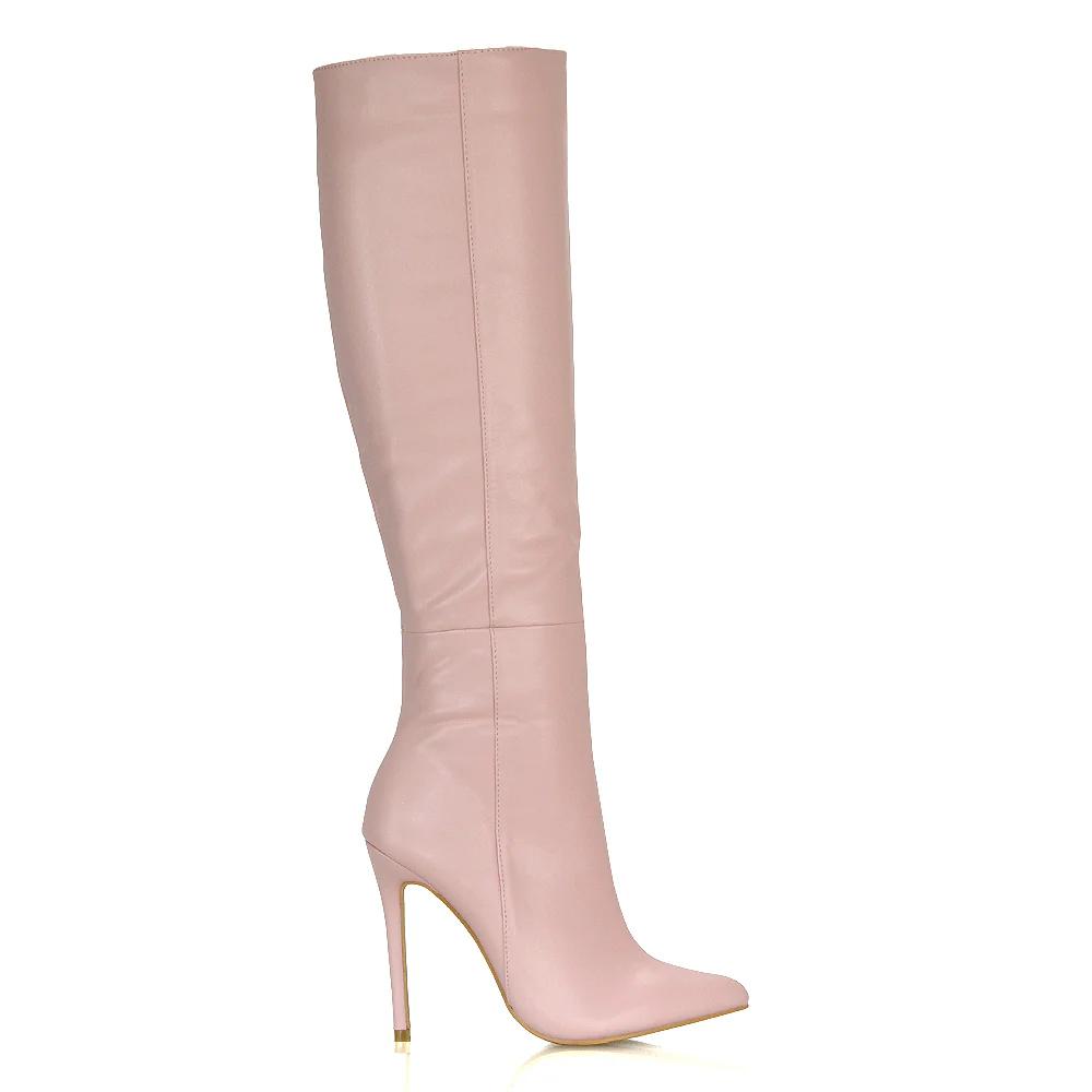 Nora Pointed Toe Zip Fastening Knee High Stiletto Heel Long Boots in Black Faux Suede - Image 180