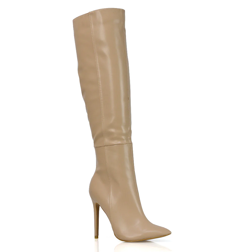 Nora Pointed Toe Zip Fastening Knee High Stiletto Heel Long Boots in Black Faux Suede - Image 192