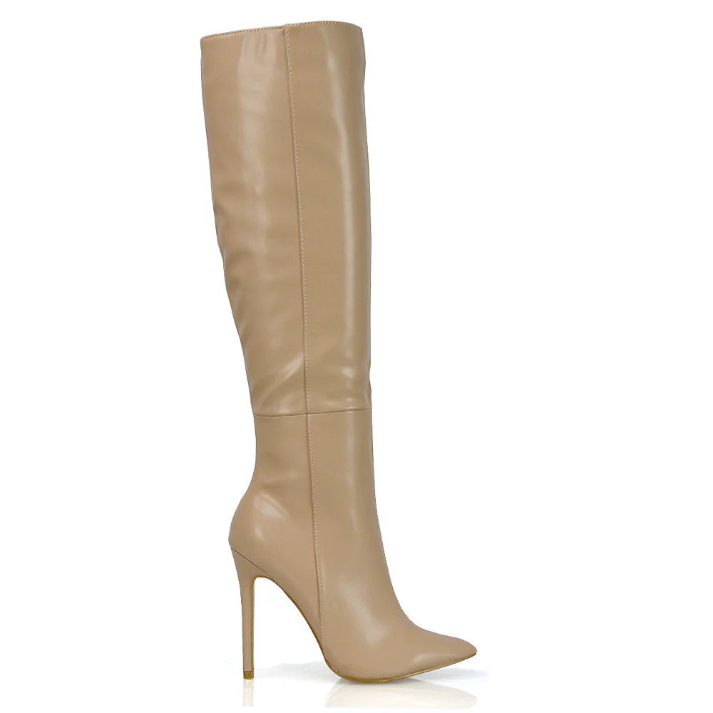 Nora Pointed Toe Zip Fastening Knee High Stiletto Heel Long Boots in Black Faux Suede - Image 198