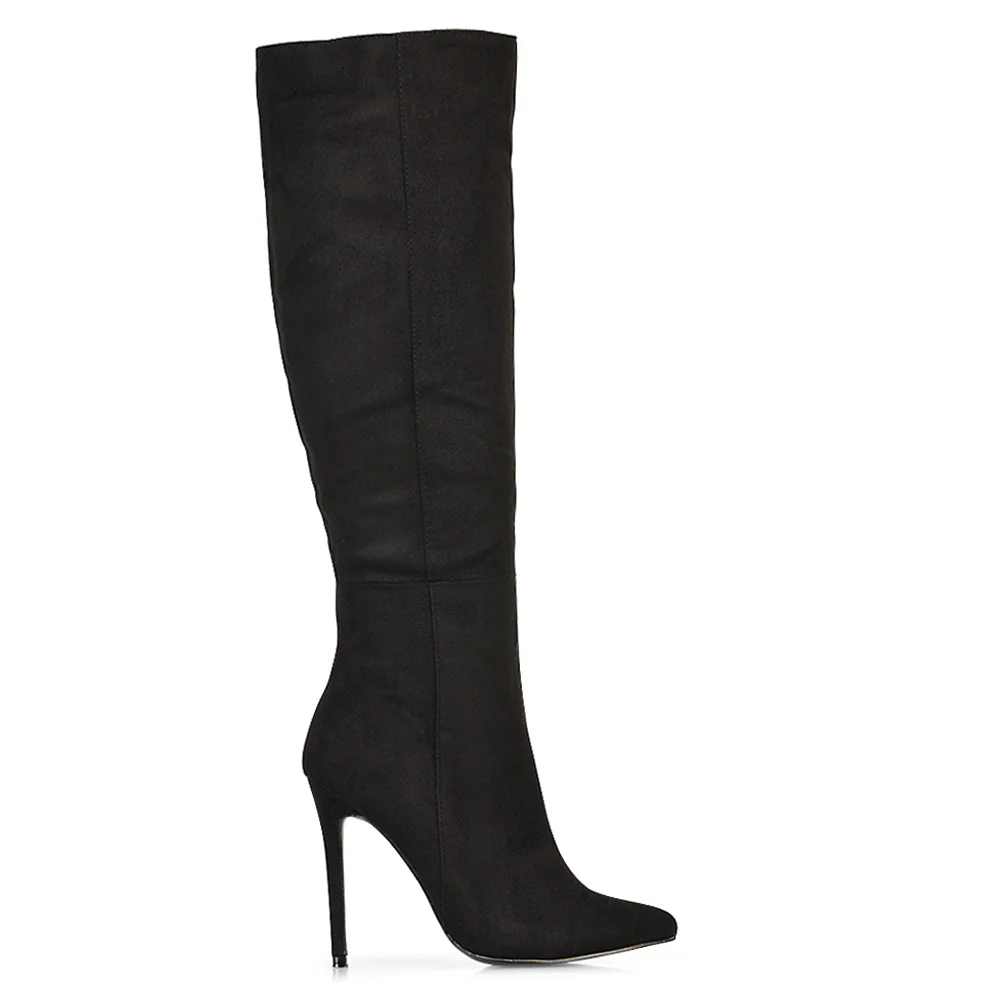 Nora Pointed Toe Zip Fastening Knee High Stiletto Heel Long Boots in Black Faux Suede - Image 218