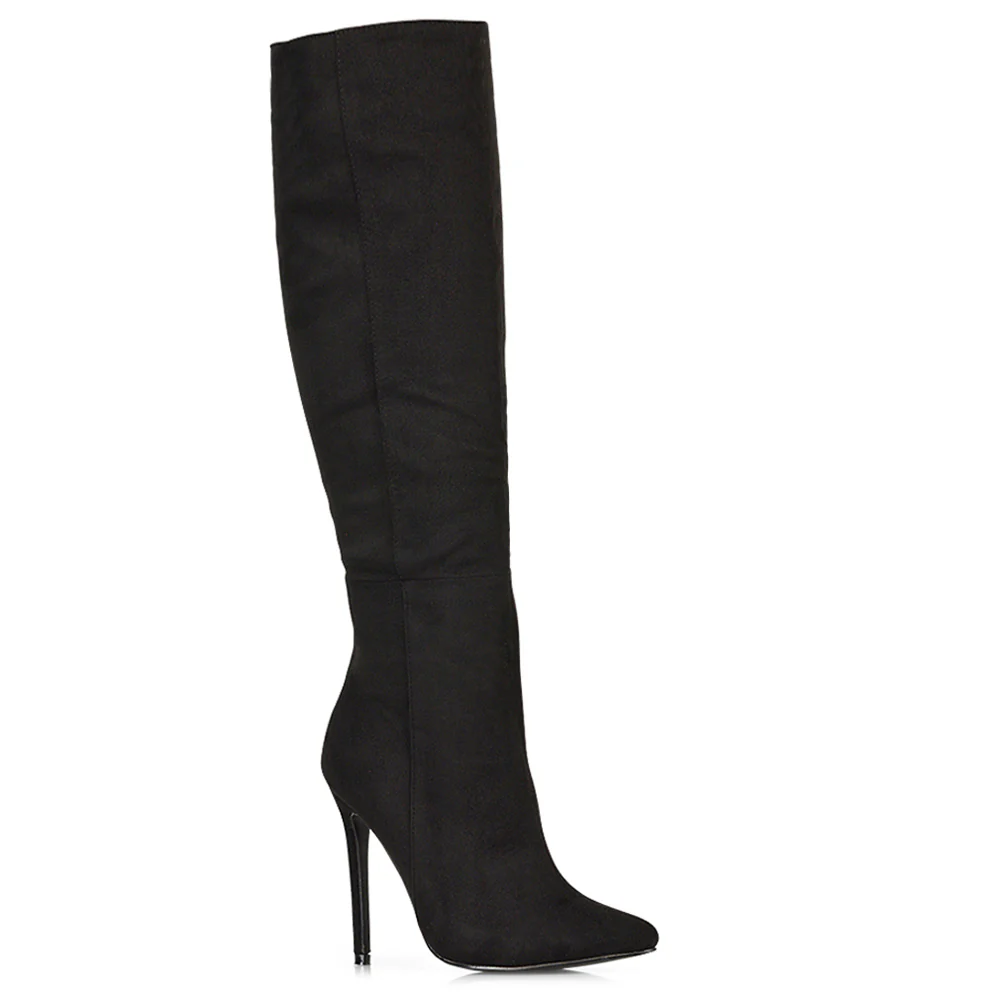 Nora Pointed Toe Zip Fastening Knee High Stiletto Heel Long Boots in Black Faux Suede - Image 242