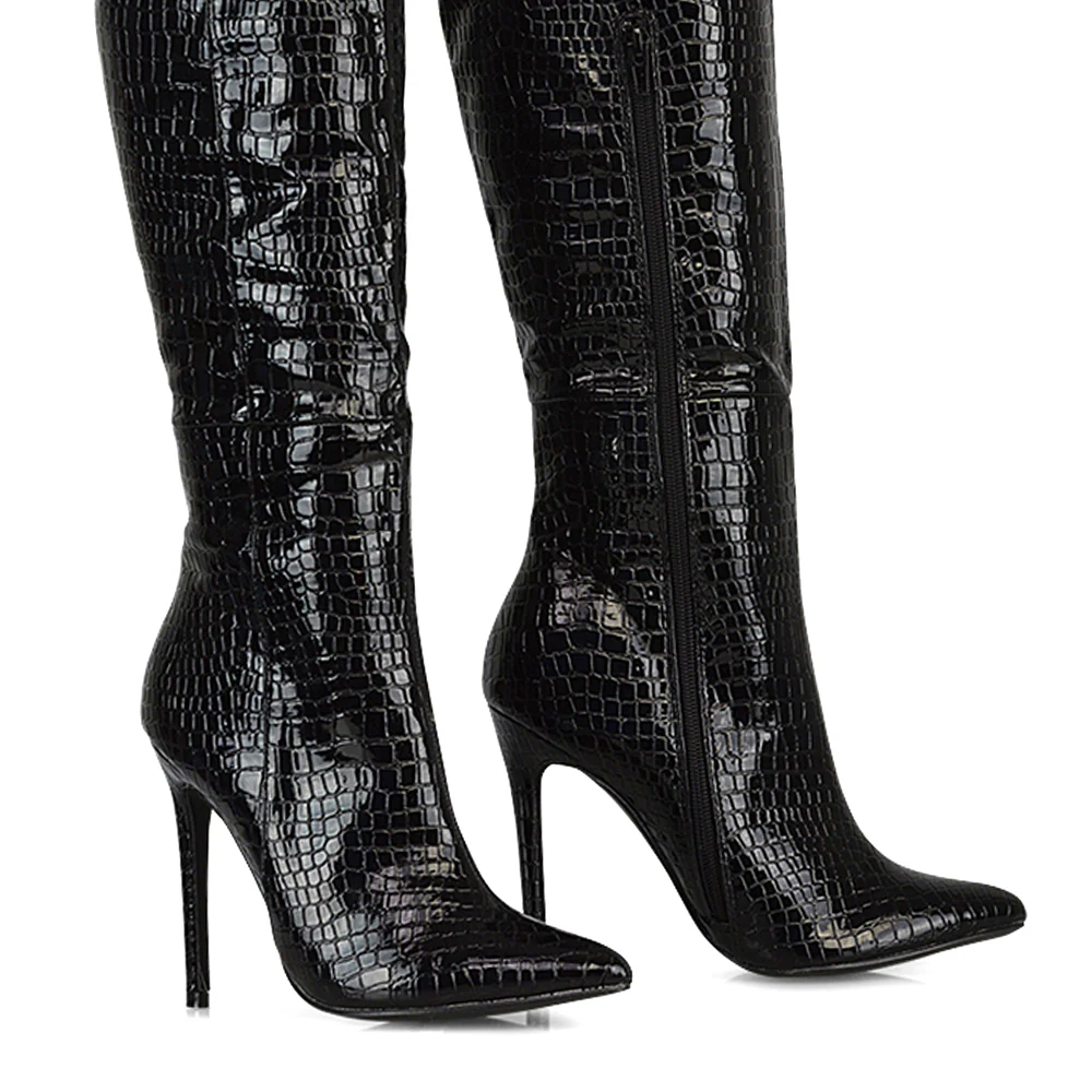 Nora Pointed Toe Zip Fastening Knee High Stiletto Heel Long Boots in Black Faux Suede - Image 249