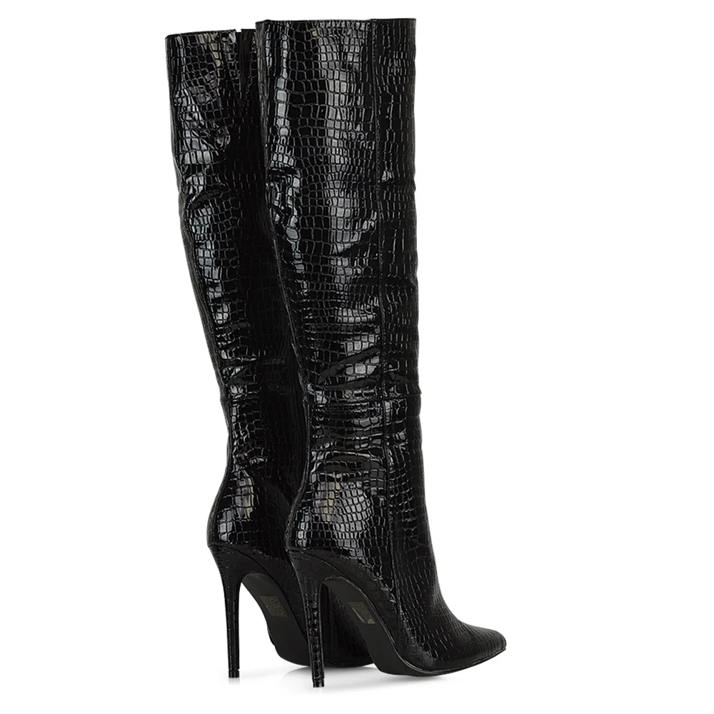 Nora Pointed Toe Zip Fastening Knee High Stiletto Heel Long Boots in Black Faux Suede - Image 250
