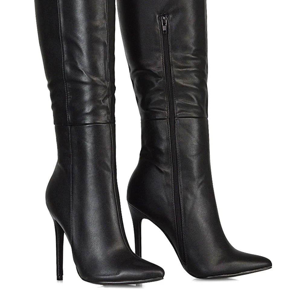 Nora Pointed Toe Zip Fastening Knee High Stiletto Heel Long Boots in Black Faux Suede - Image 27