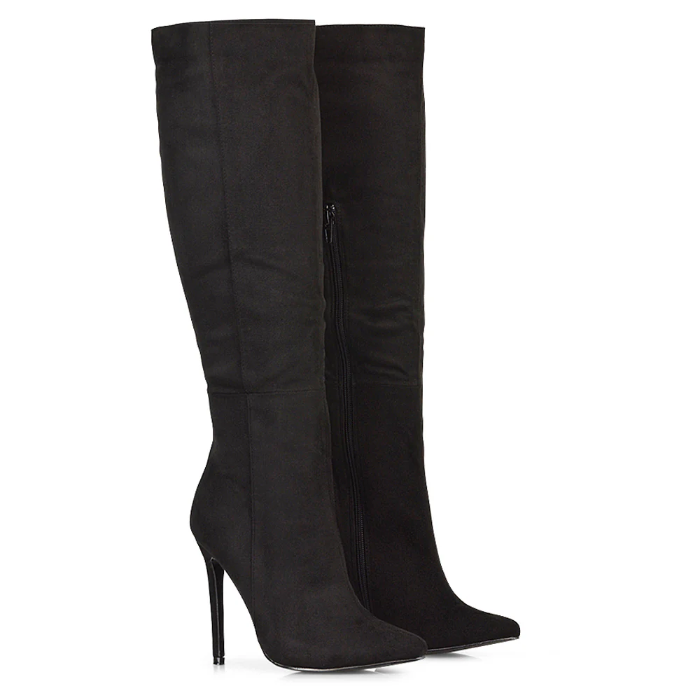 Nora Pointed Toe Zip Fastening Knee High Stiletto Heel Long Boots in Black Faux Suede - Image 3