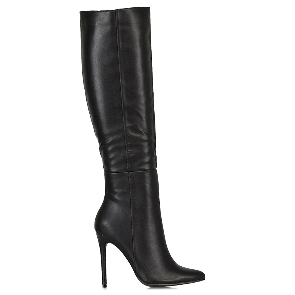 Nora Pointed Toe Zip Fastening Knee High Stiletto Heel Long Boots in Black Faux Suede - Image 31