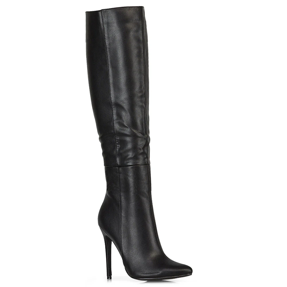 Nora Pointed Toe Zip Fastening Knee High Stiletto Heel Long Boots in Black Faux Suede - Image 40