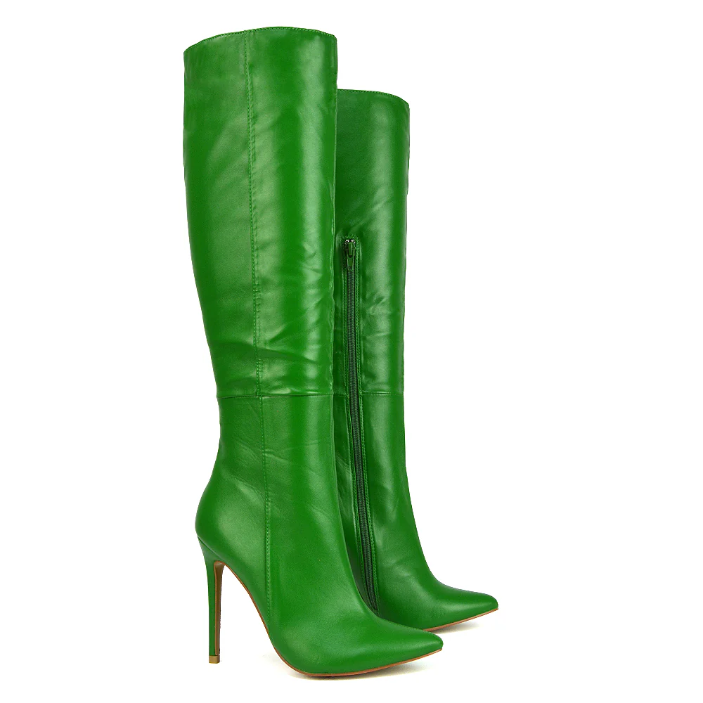 Nora Pointed Toe Zip Fastening Knee High Stiletto Heel Long Boots in Black Faux Suede - Image 56