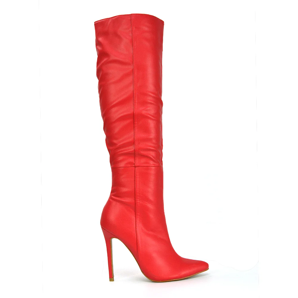 Nora Pointed Toe Zip Fastening Knee High Stiletto Heel Long Boots in Black Faux Suede - Image 7