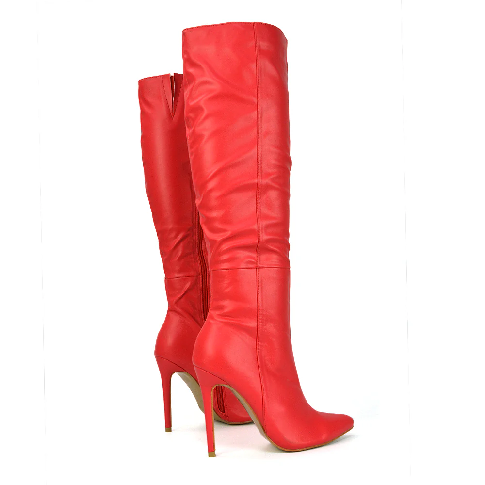 Nora Pointed Toe Zip Fastening Knee High Stiletto Heel Long Boots in Black Faux Suede - Image 9