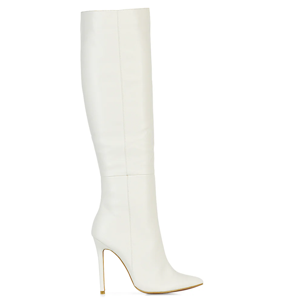Nora Pointed Toe Zip Fastening Knee High Stiletto Heel Long Boots in Black Faux Suede - Image 95