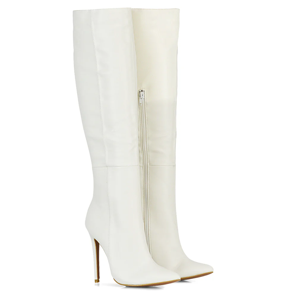 Nora Pointed Toe Zip Fastening Knee High Stiletto Heel Long Boots in Black Faux Suede - Image 98