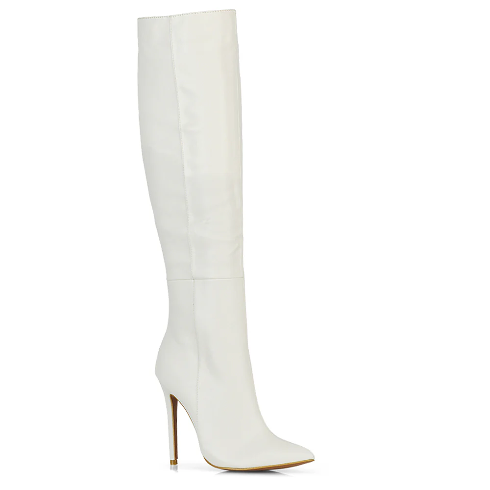 Nora Pointed Toe Zip Fastening Knee High Stiletto Heel Long Boots in Black PU - Image 105