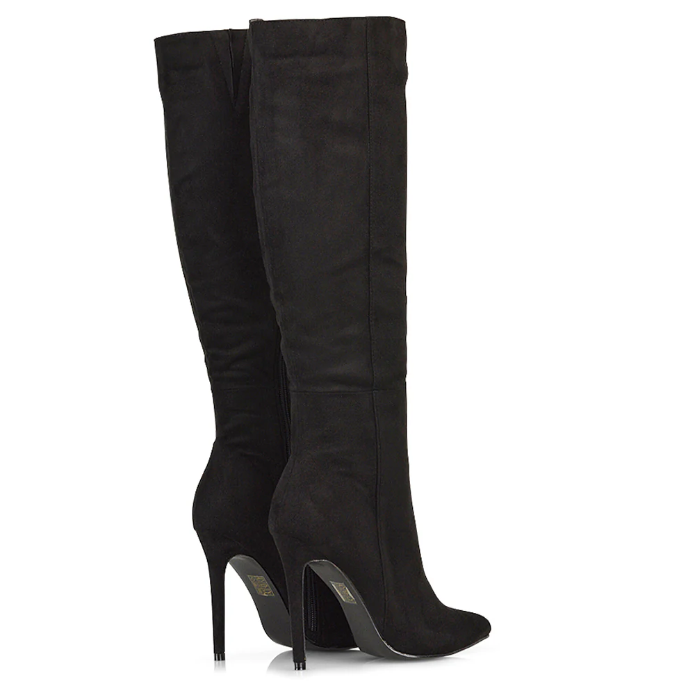 Nora Pointed Toe Zip Fastening Knee High Stiletto Heel Long Boots in Black PU - Image 236