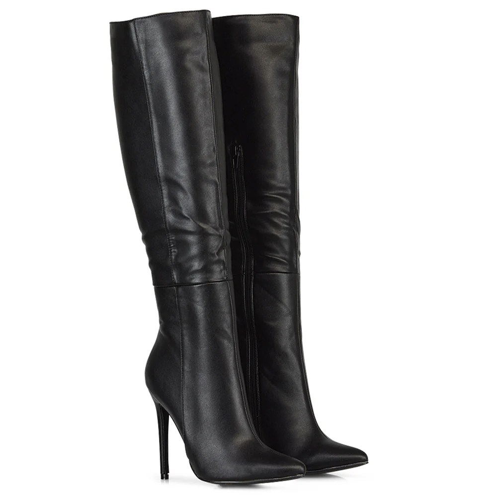 Nora Pointed Toe Zip Fastening Knee High Stiletto Heel Long Boots in Black PU - Image 45