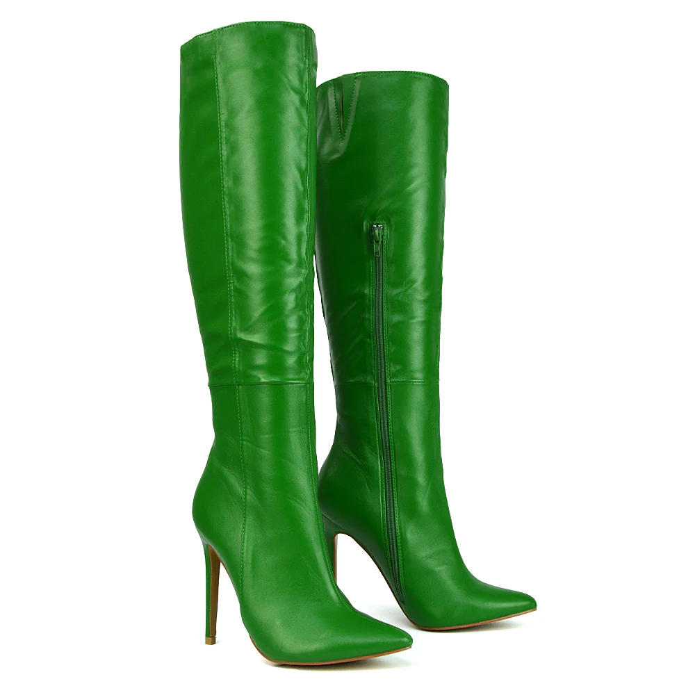 Nora Pointed Toe Zip Fastening Knee High Stiletto Heel Long Boots in Black PU - Image 55