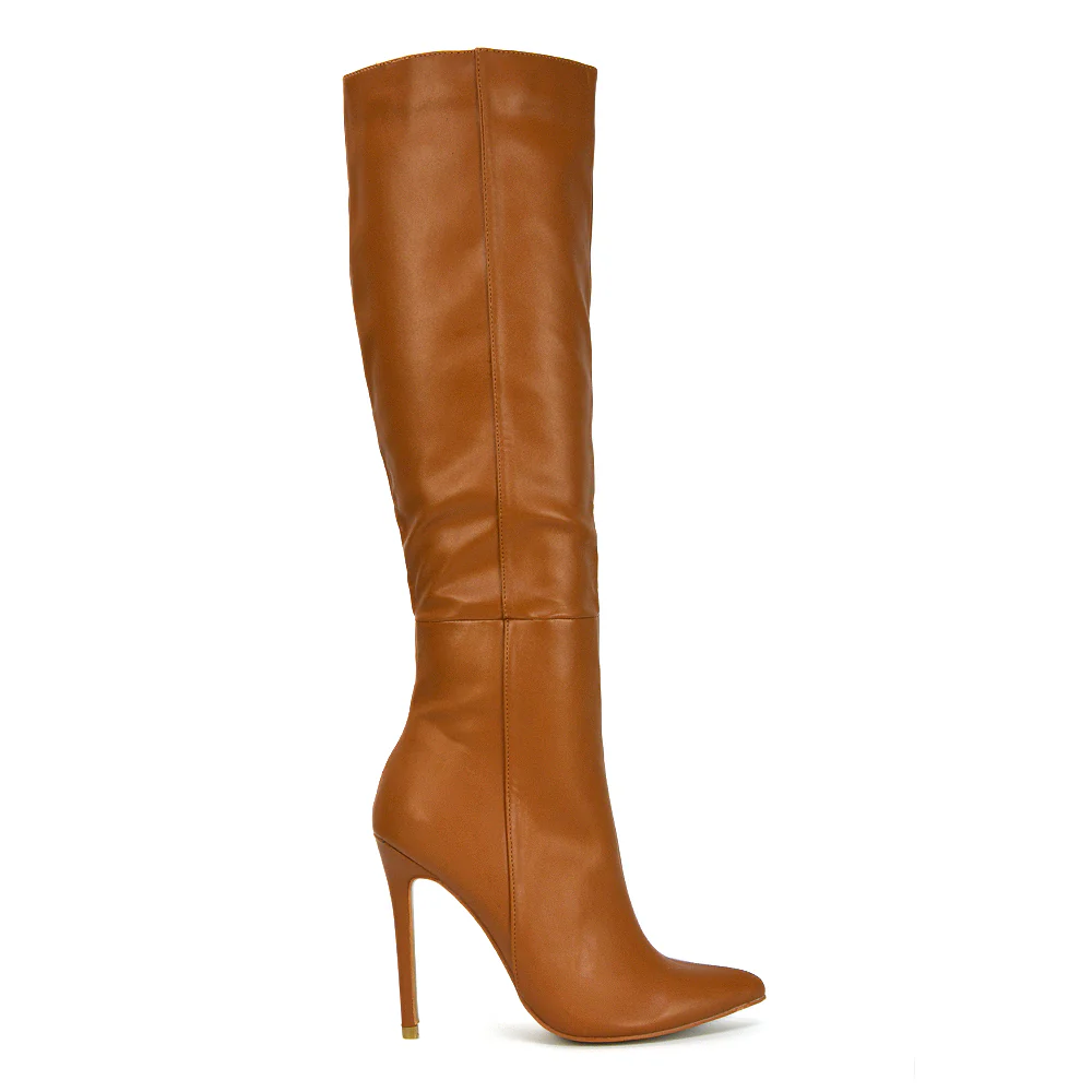 Nora Pointed Toe Zip Fastening Knee High Stiletto Heel Long Boots in Brown Synthetic Leather - Image 159