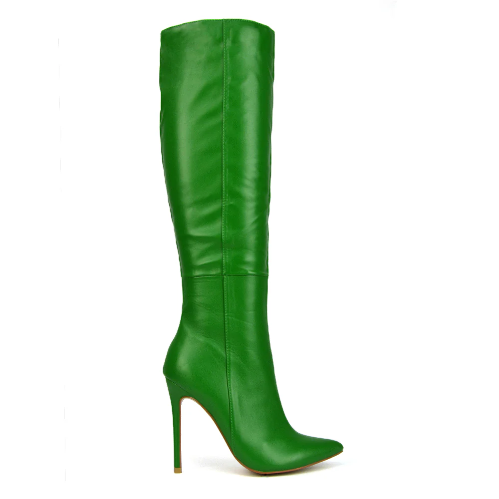 Nora Pointed Toe Zip Fastening Knee High Stiletto Heel Long Boots in Brown Synthetic Leather - Image 70