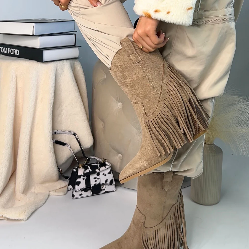 Nova Pointed Toe Fringe Western Ankle Cowboy Boots for Women in Taupe - Image 2