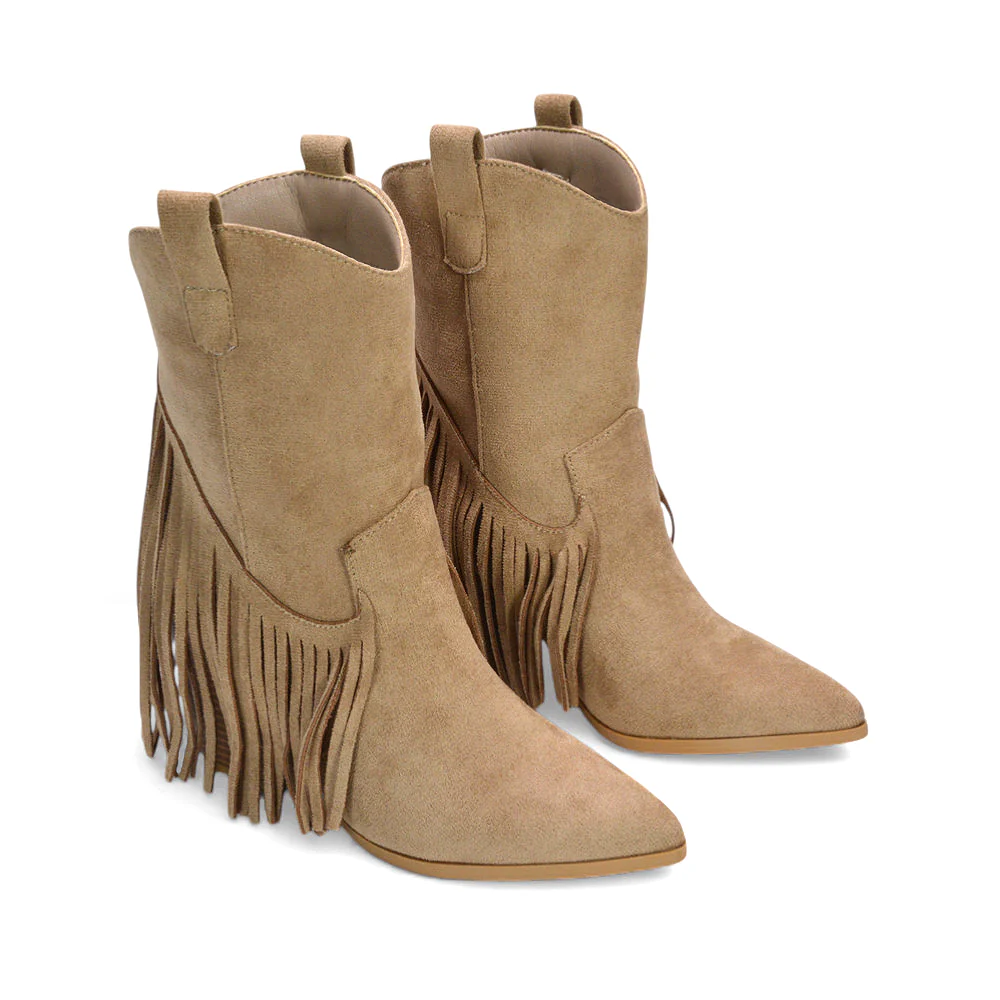 Nova Pointed Toe Fringe Western Ankle Cowboy Boots for Women in Beige Microfibre - Image 10
