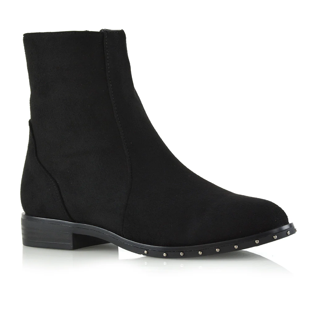 NYANE DIAMANTE STUDDED ZIP UP FLAT LOW HEEL ANKLE BOOT IN BLACK FAUX SUEDE - Image 8