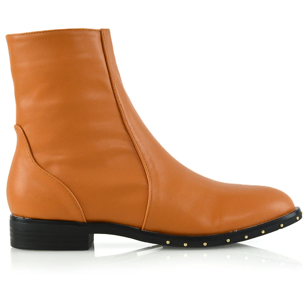 NYANE DIAMANTE STUDDED ZIP UP FLAT LOW HEEL ANKLE BOOT IN TAN SYNTHETIC LEATHER - Image 2