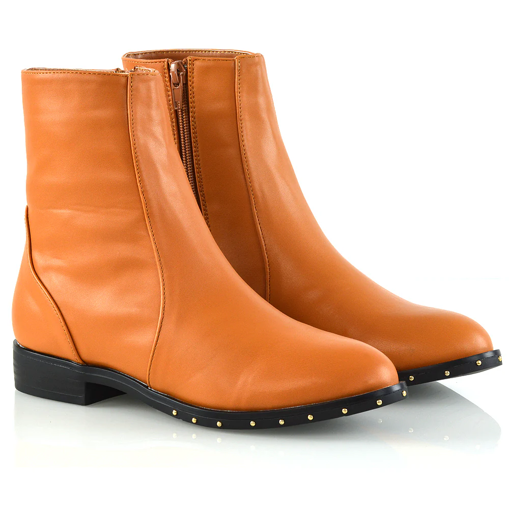 NYANE DIAMANTE STUDDED ZIP UP FLAT LOW HEEL ANKLE BOOT IN TAN SYNTHETIC LEATHER - Image 3